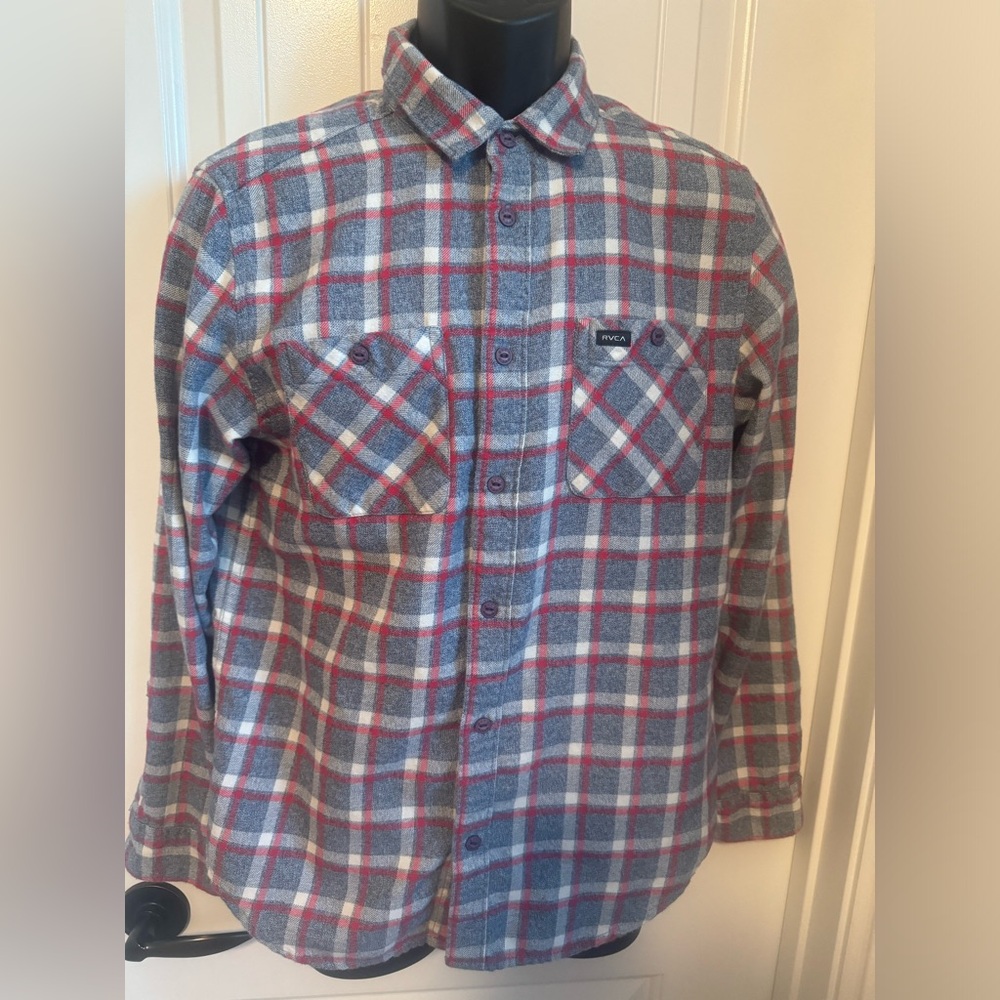 RVCA Long Sleeve Men’s Grey & Red Plaid Flannel Shirt, Size Small